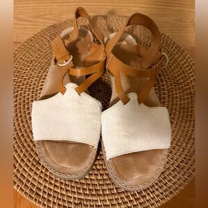 Camper PIMPOM White and Tan Calf Hair Fur Leather Women's Sandals